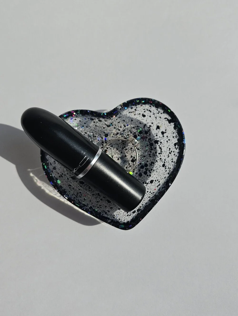 Handmade Holographic Black Glitter Mini Heart Resin Dish Jewelry Tray Girly Deco